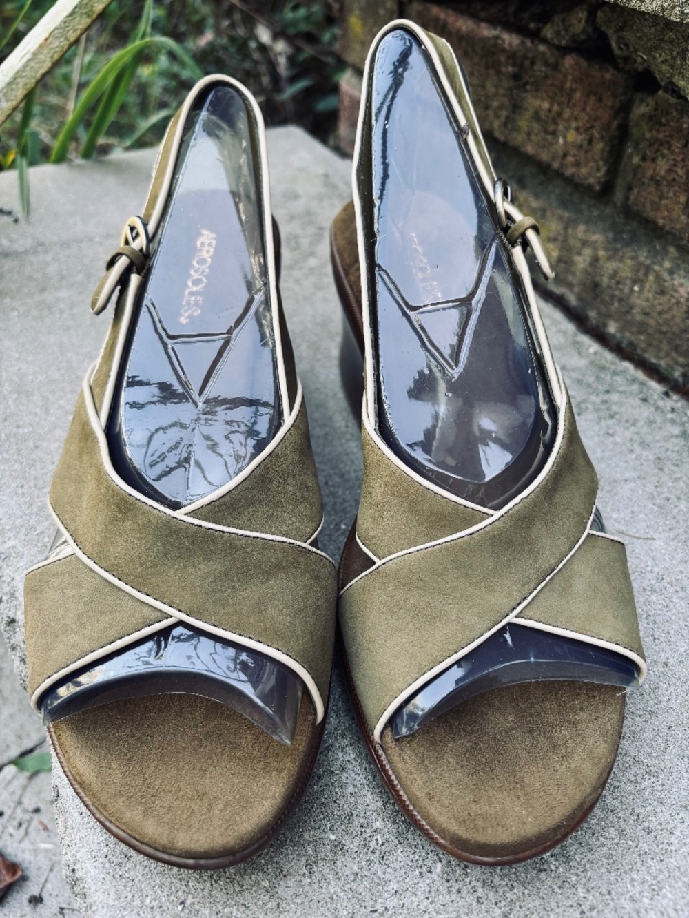 Y2K Aerosoles Olive Green/Khaki Wedge Slingback Suede Open Toe Sandals Sz. 10